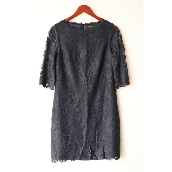 Ted Baker Women's Size 2 US 4/6 Small Navy Blue Dress 3/4 Sleeve Sheer Lace Mini - Picture 5 of 5
